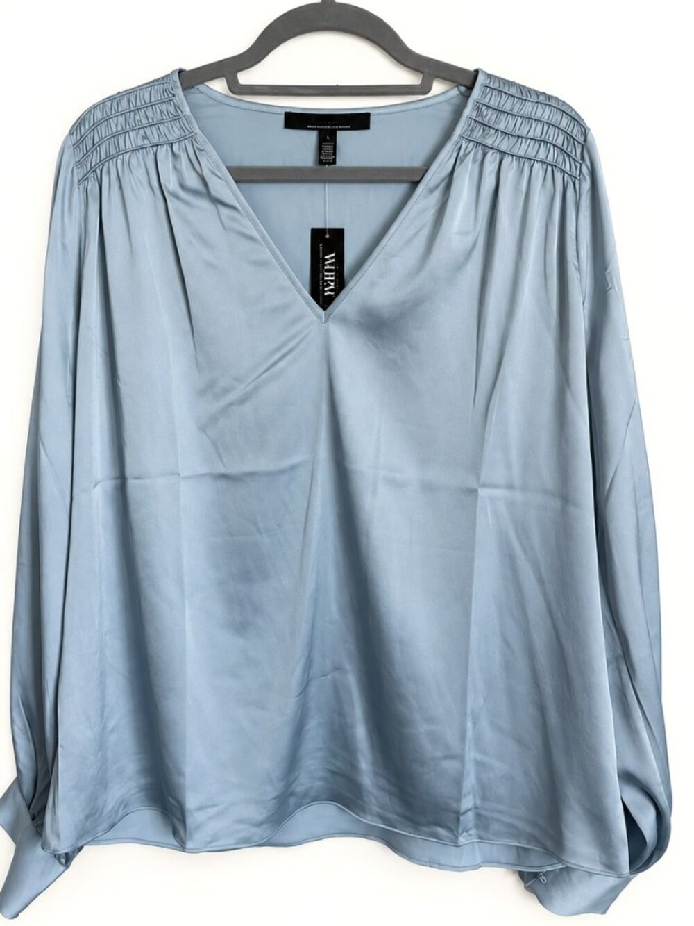 WHBM NWT L Vintage Indigo Smocked Shoulder V-Neck Blouse